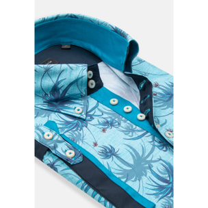 Camicia Uomo Manica Corta 2 Bottoni Button Down 7 Botto Popeline Stampato Turchese/Blu