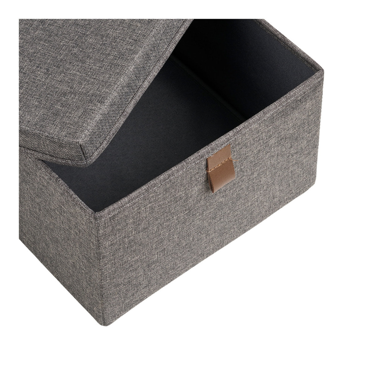 Set 3 scatole Noto in tessuto grigio scuro con coperchio e linguetta in ecopelle