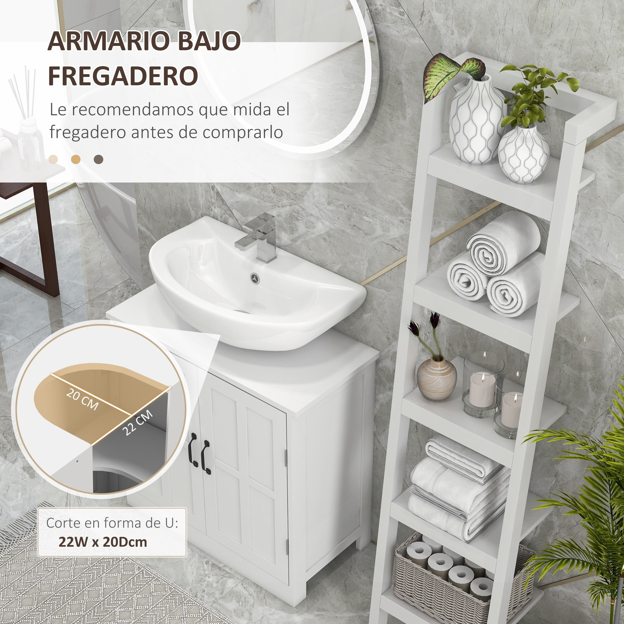 kleankin Mueble para Debajo del Lavabo Armario de Baño Bajo Lavabo con Puerta Doble y Estante Ajustable Carga 20 kg 60x30x60 cm Blanco