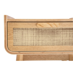 Table de chevet avec tiroir en bois clair frêne et cannage rotin ATHÈNE