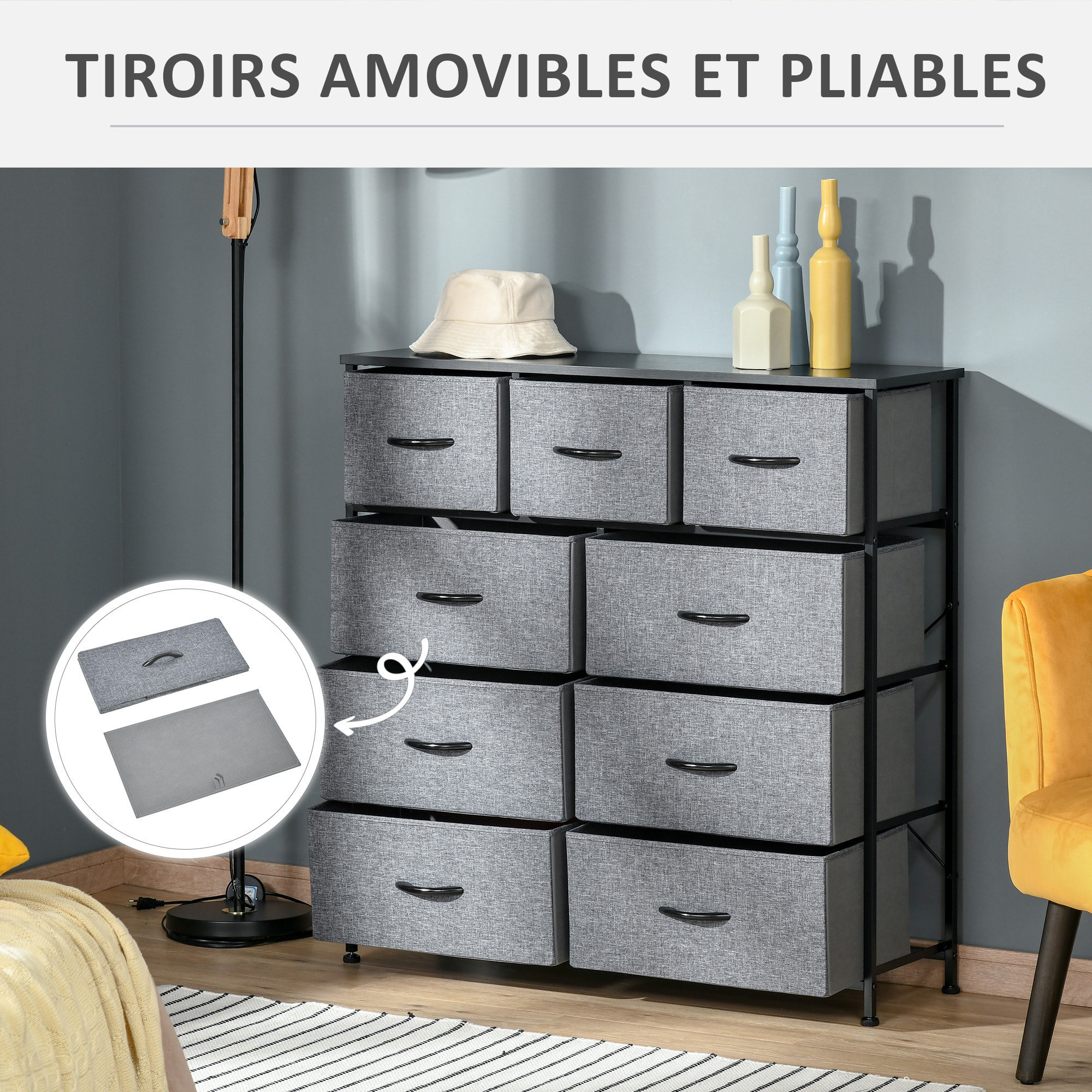 Meuble de rangement commode 9 tiroirs plateau acier MDF non tissé noir gris