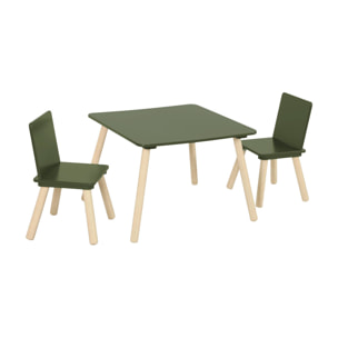 Table carrée enfant avec 2 chaises. pieds en pin. vert olive
