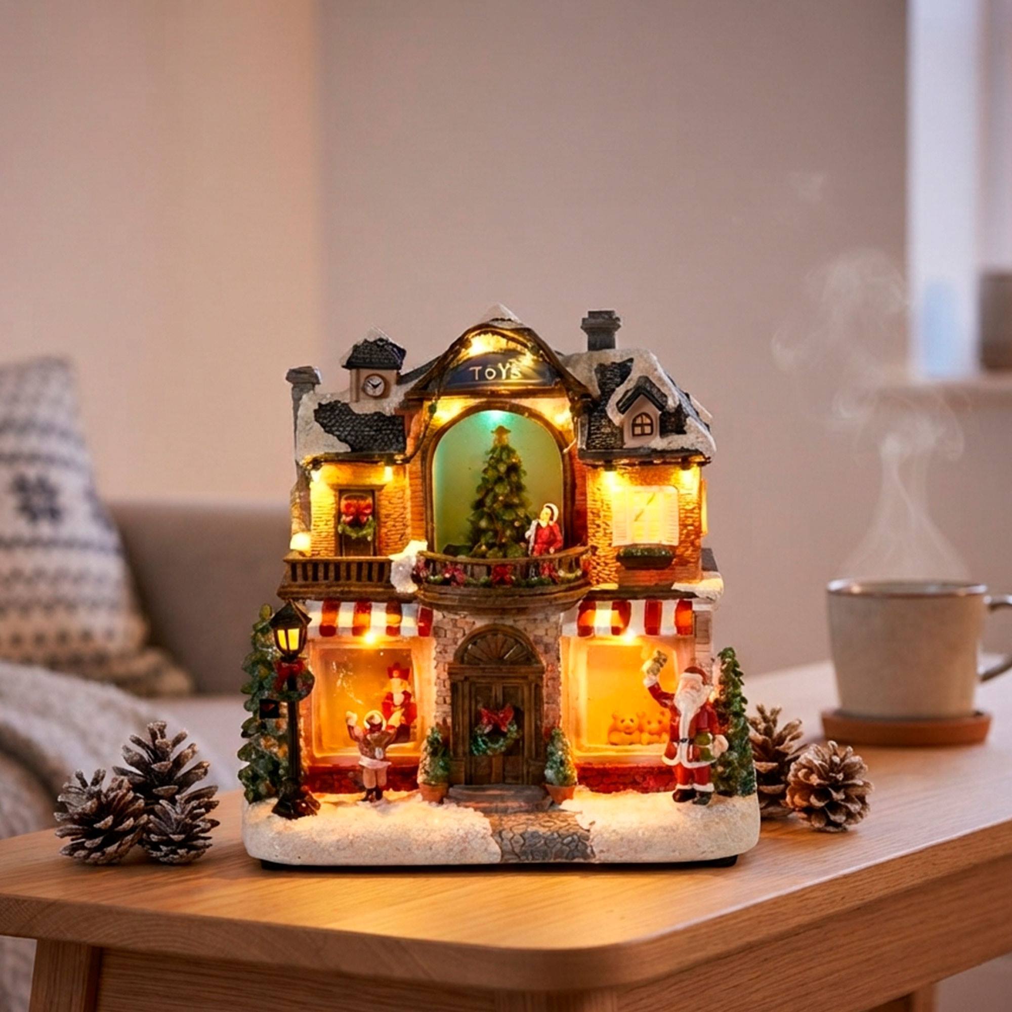 Casa navideña decorativa con papá noel, árbol de navidad luces led, movimiento y música 23,5x14,5x23,5 cm
