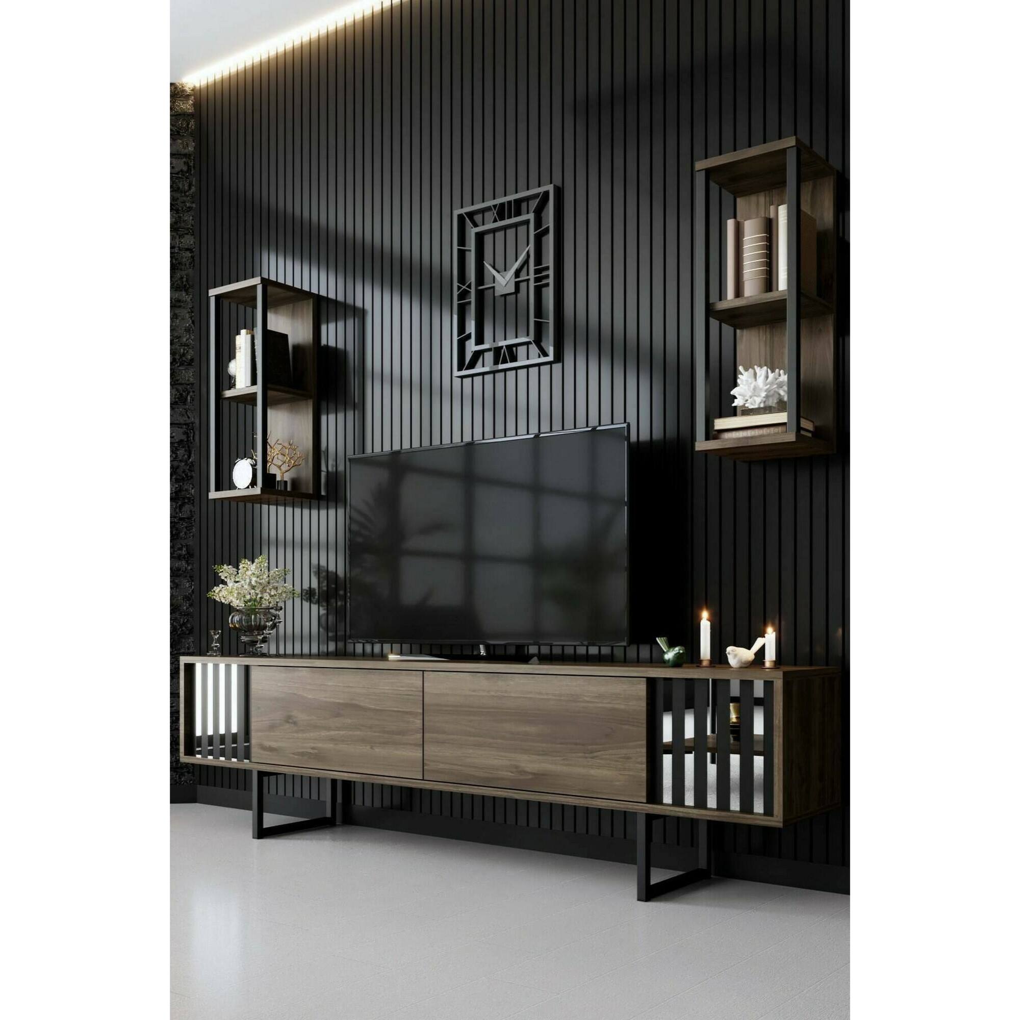 Mobile porta TV Dfantin, Credenza da soggiorno, Armadio basso per TV, Base parete attrezzata, 180x30h48 cm, Noce e Nero