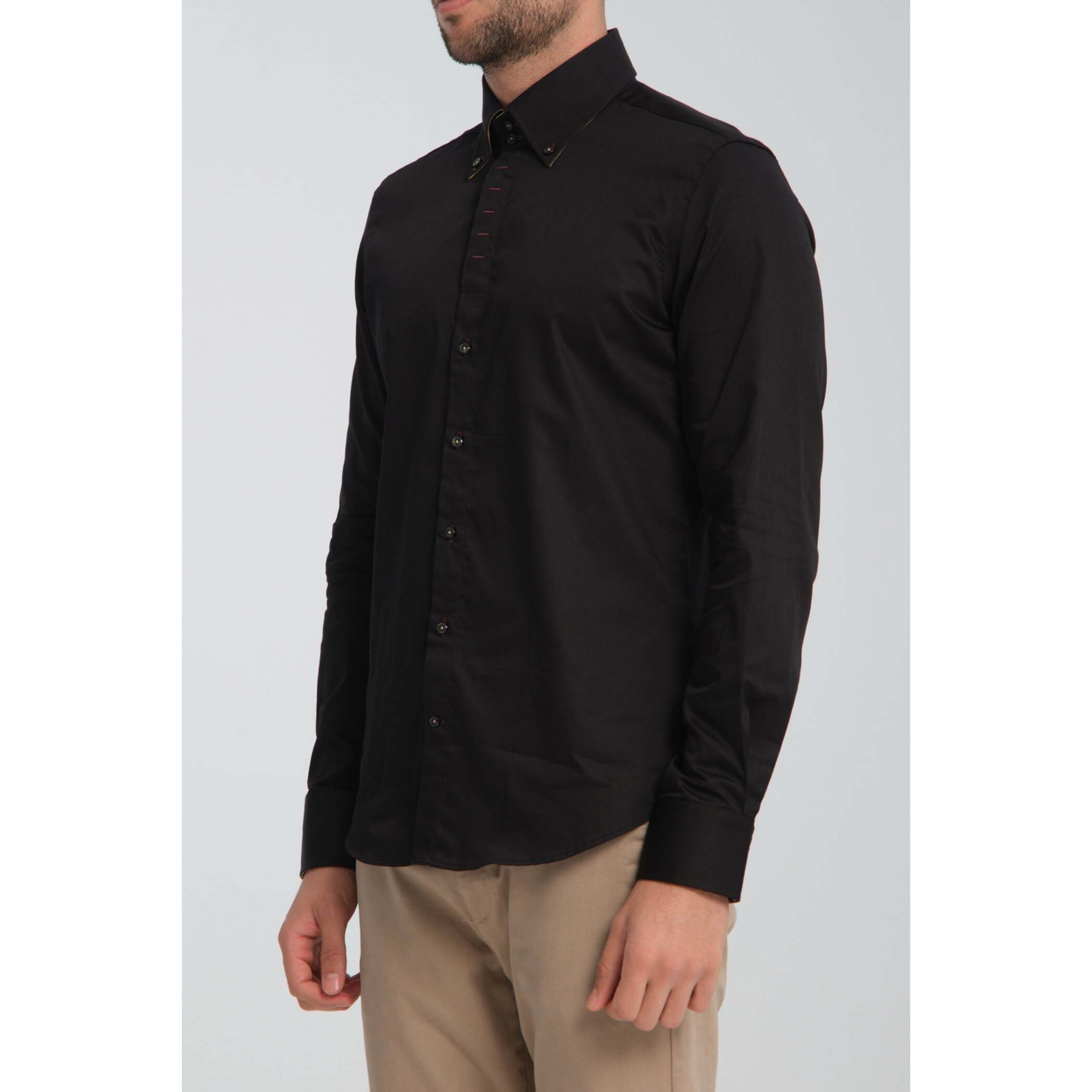 Camicia Uomo 2 Bottoni Button Down Slim Satin Unito Nero