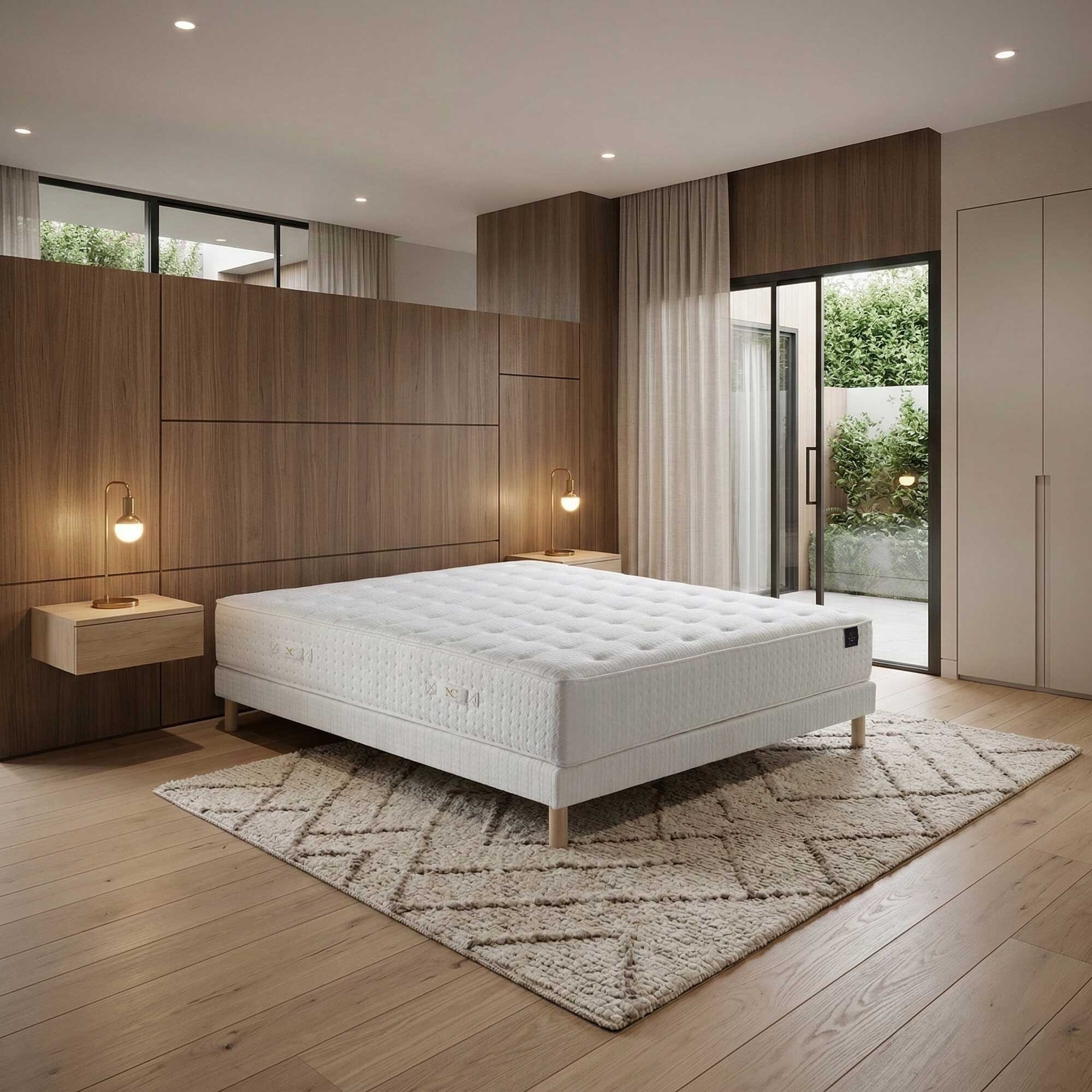 Ensemble matelas mousse haute résilience CALLISTO, H29 cm, accueil mémoire de forme, sommier blanc pieds de poule