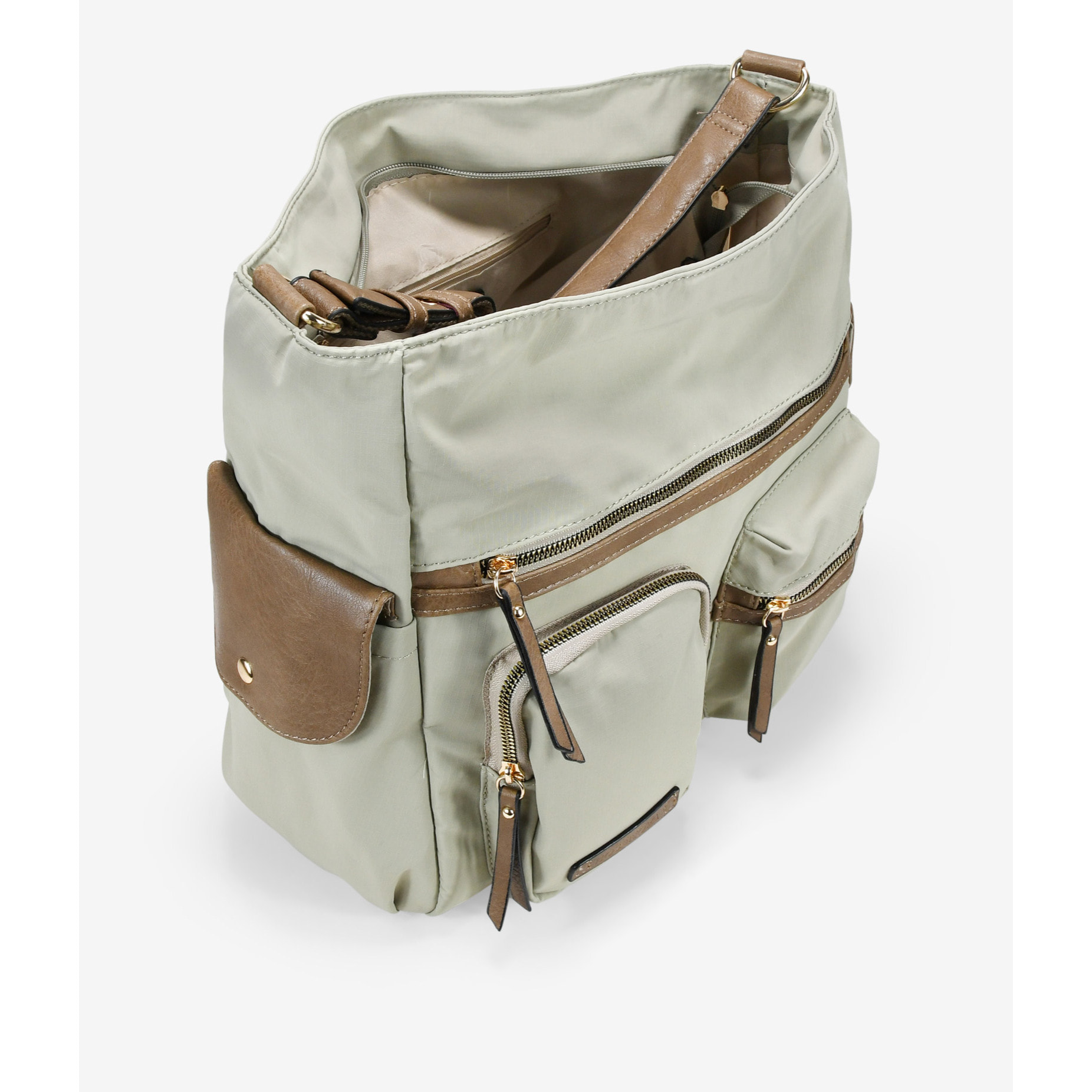 Bolso de hombro taupe en nailon con bolsillos