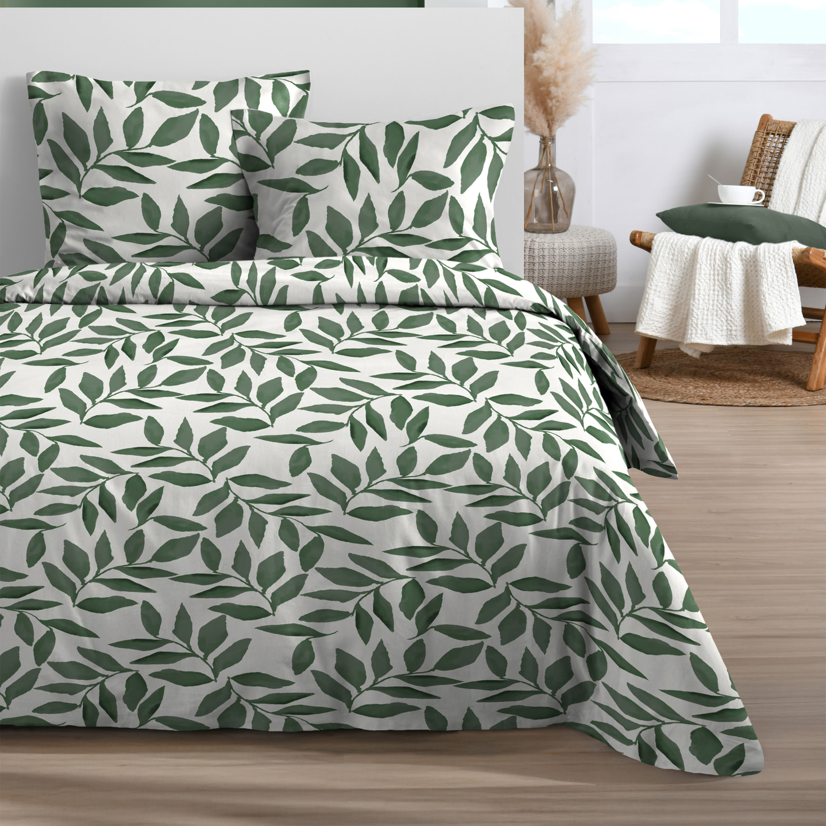Parure de lit 3 pièces  microfibre feuillage housse + taies - Vert