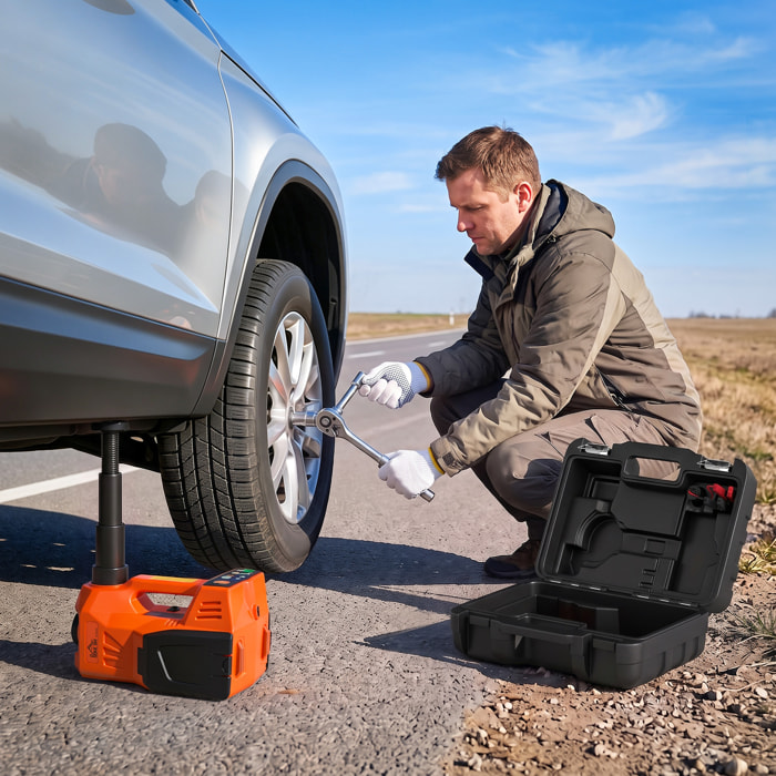 HOMCOM Kit de Gato Hidráulico Eléctrico de 5T 12V, Elevador de Coche Automático 143-450 mm, con Luz LED, Luces Advertencia, Bomba Aire, Llave Hexagonal, Martillo, Maletín Reflectante para SUV y Sedán