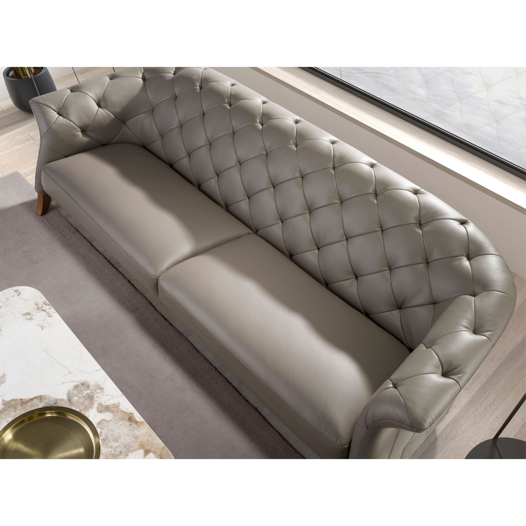 Sofá Chester Angel Cerdá de 3 plazas tapizado en piel de origen vacuno en gris patas de madera en miel 262x104x82cm