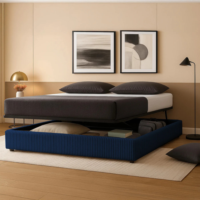 Lit coffre Parallèle | 3 Positions : Stocker, Faire Le lit, Repos | Espace de stockage jusqu'à 900 L | Velours côtelé | Bleu nuit