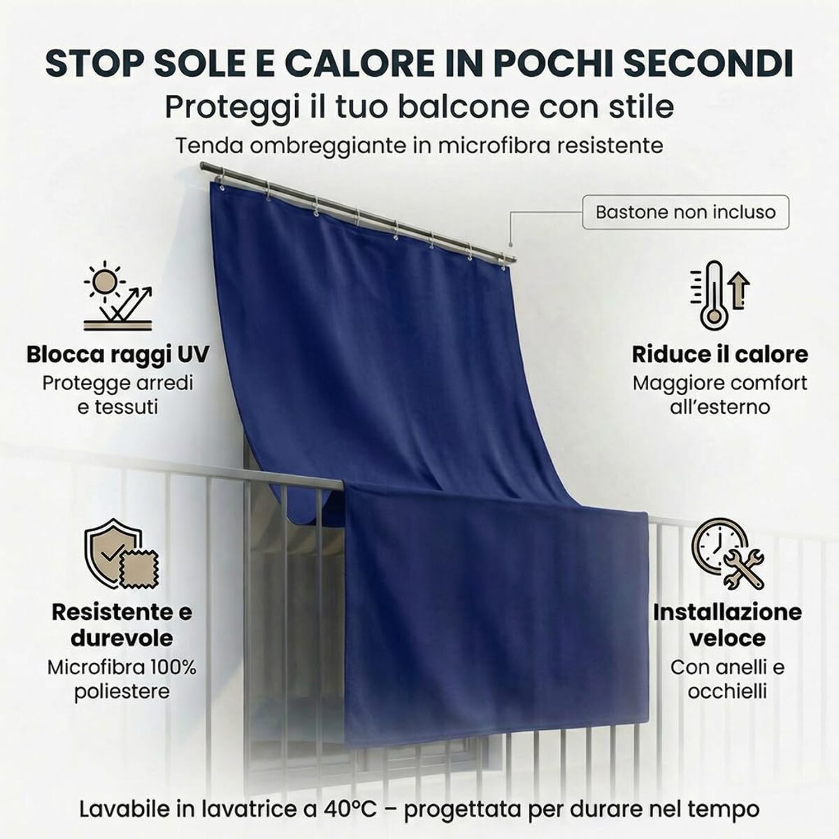Tenda da sole a caduta impermeabile per esterno con occhielli, telo parasole resistente ai raggi UV e intemperie, protegge da luce e calore, aumenta privacy su balcone e terrazzo, facile da installare, tessuto in poliestere durevole e lavabile