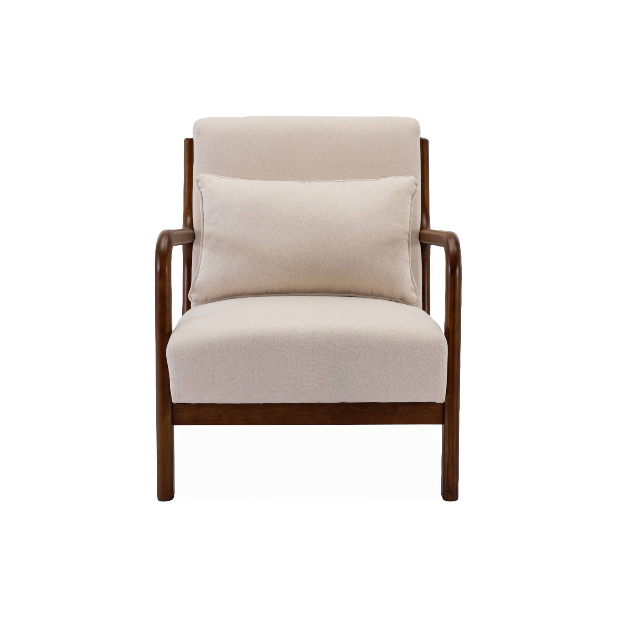 Fauteuil tissu beige . pieds bois d'hévéa teinté noyer. 1 place droit fixe. pieds compas scandinave. structure en bois solide