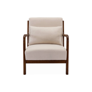 Fauteuil tissu beige . pieds bois d'hévéa teinté noyer. 1 place droit fixe. pieds compas scandinave. structure en bois solide