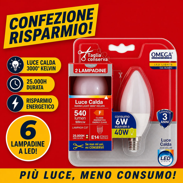 OMEGA Set 6 lampadine candela led 6W E14 3000K