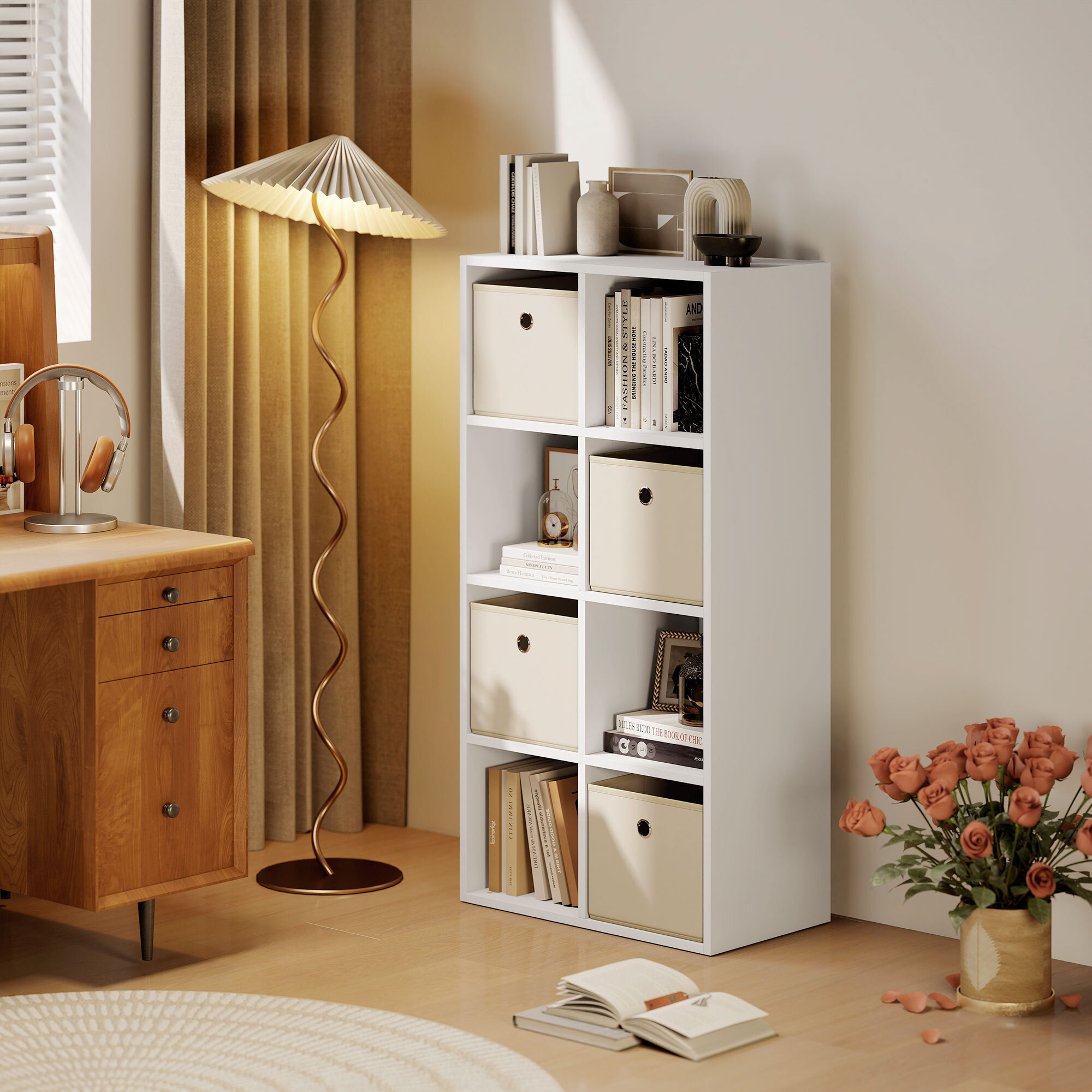 Estantería de 8 Cubos, Librería, Estantería para Libros con 4 Cajones de Tela, Horizontal o Vertical, para Salón, Dormitorio, Estudio, 105,9x30x53,7 cm, Blanco y Beige