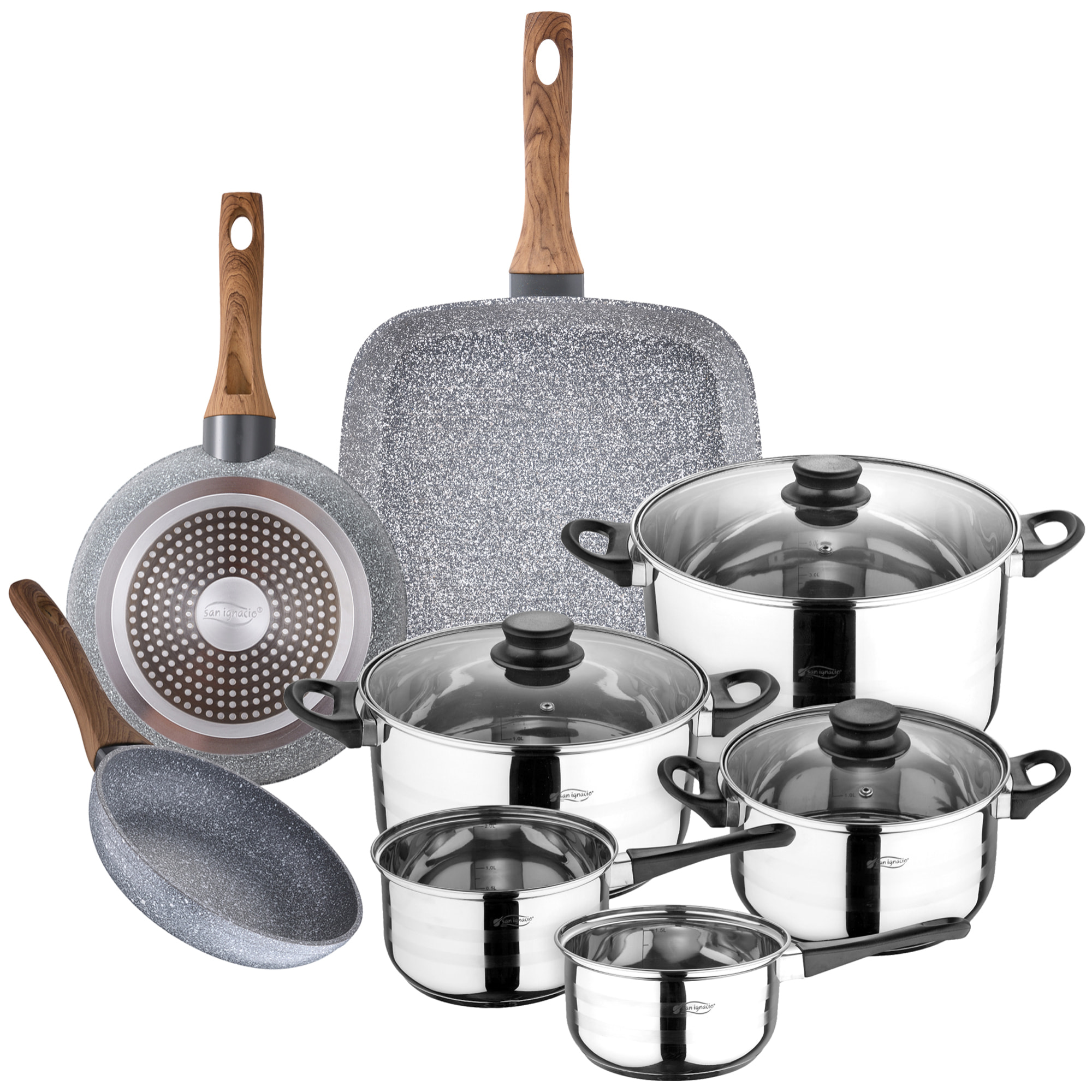 Bateria de cocina 8 piezas y set 2 sartnes + grill SAN IGNACIO