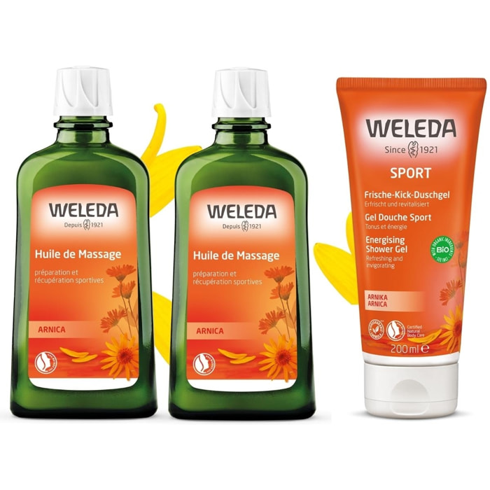 WELEDA - LOT Rituel corps et douche - Huile de massage Arnica 2x200ml + Gel douche sport à l'Arnica 1x200ml - pour Sportifs - Vegan*- Certifié Natrue** - Flacon 200ml et Tube 200ml