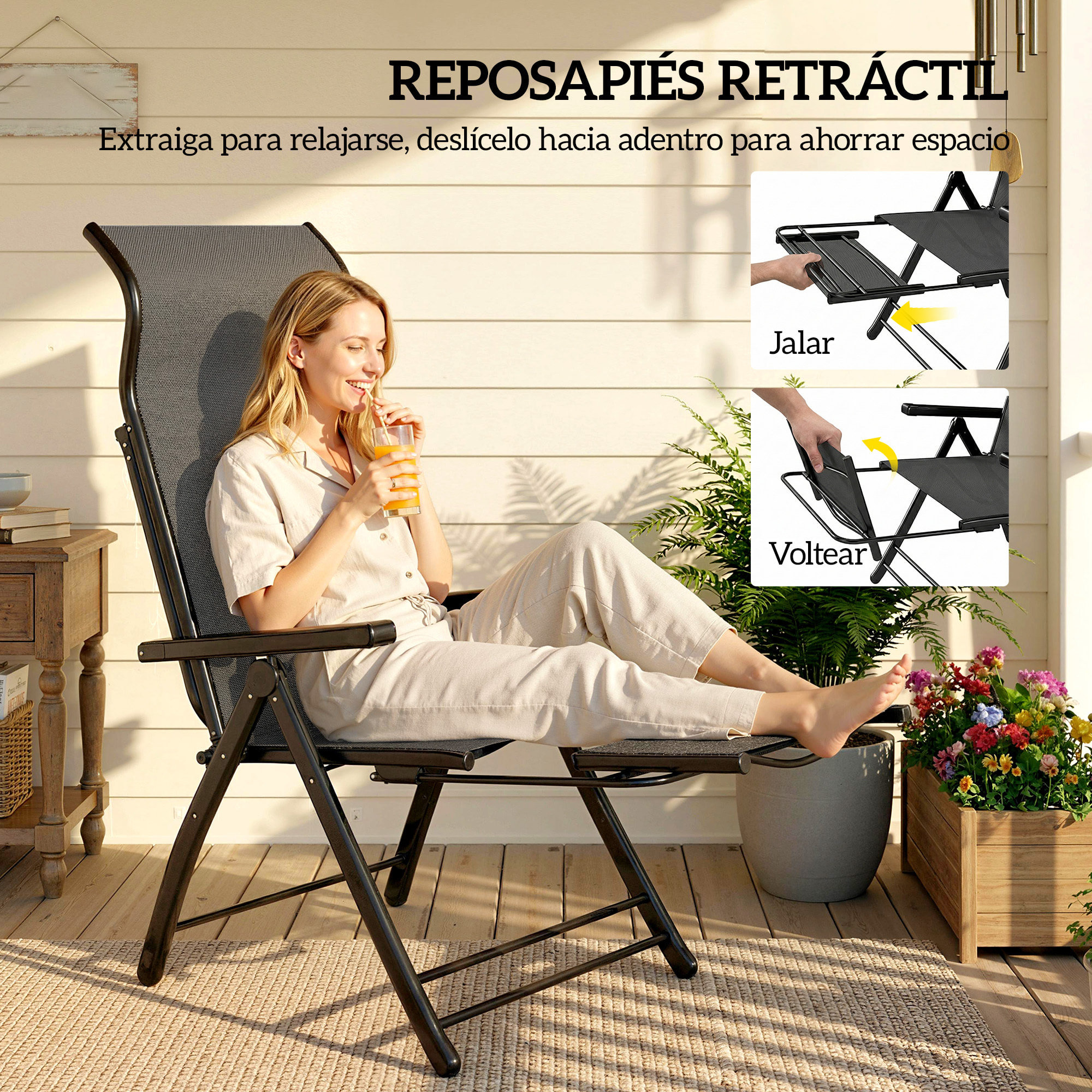 Pack de 2 Sillas Plegables Reclinables, Sillas de Jardín Exterior con Respaldo Alto Curva Ajustable en 5 Posiciones, Reposapiés Retráctil y Marco de Metal, para Patio, Playa, Gris Oscuro