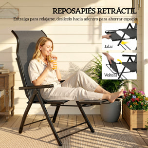 Pack de 2 Sillas Plegables Reclinables, Sillas de Jardín Exterior con Respaldo Alto Curva Ajustable en 5 Posiciones, Reposapiés Retráctil y Marco de Metal, para Patio, Playa, Gris Oscuro