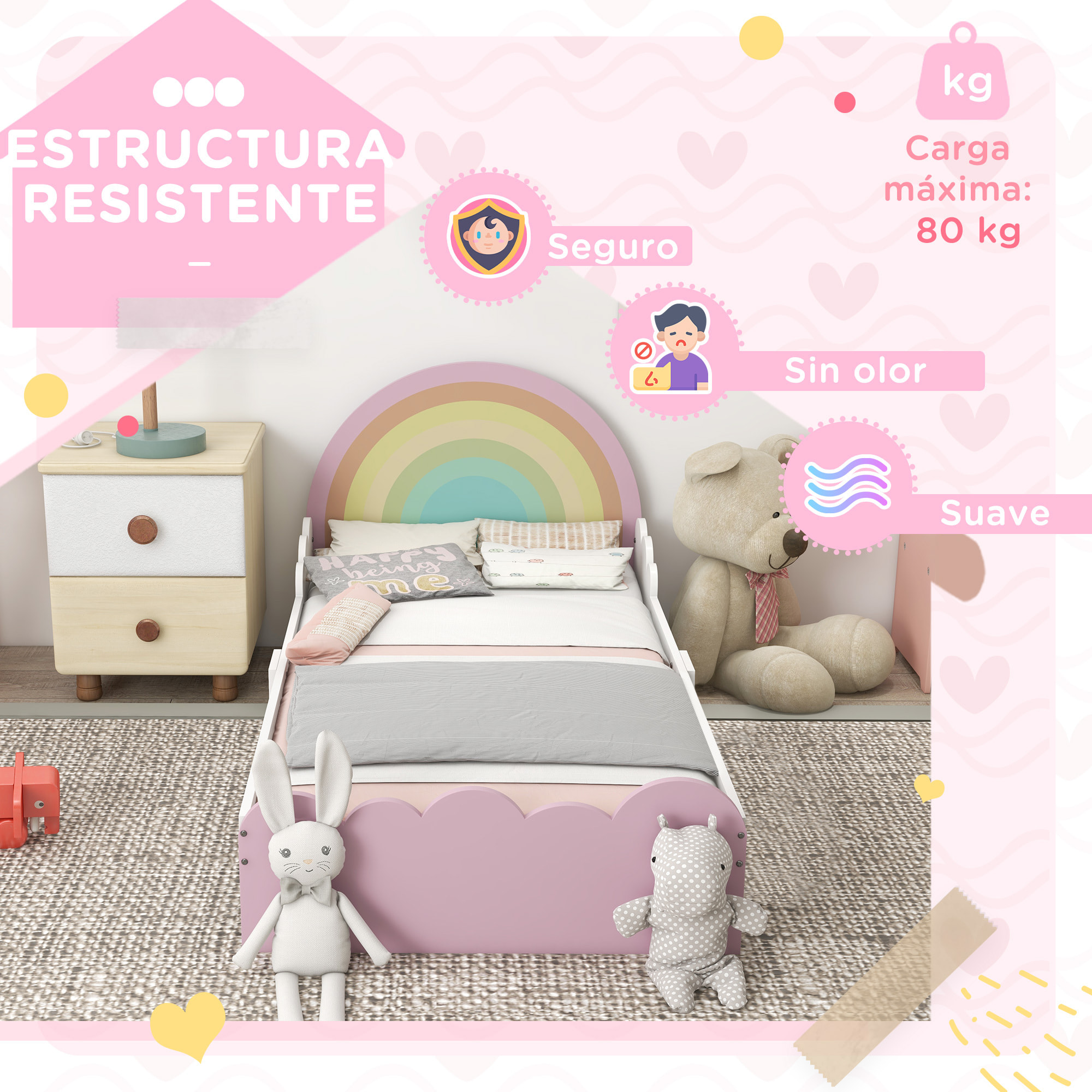 Cama para Niños de 3-6 Años 143x74x66 cm Cama Infantil de Madera en Forma de Arcoíris Mueble de Dormitorio Moderno Carga 80 kg Rosa