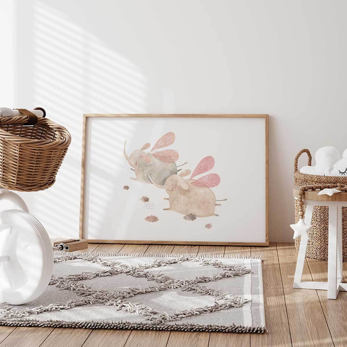 Affiche enfant elephants libellule  Affiche + cadre en bois - Chêne