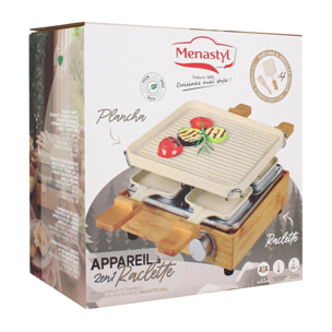 Appareil à raclette 4 personnes en aluminium crème et bambou