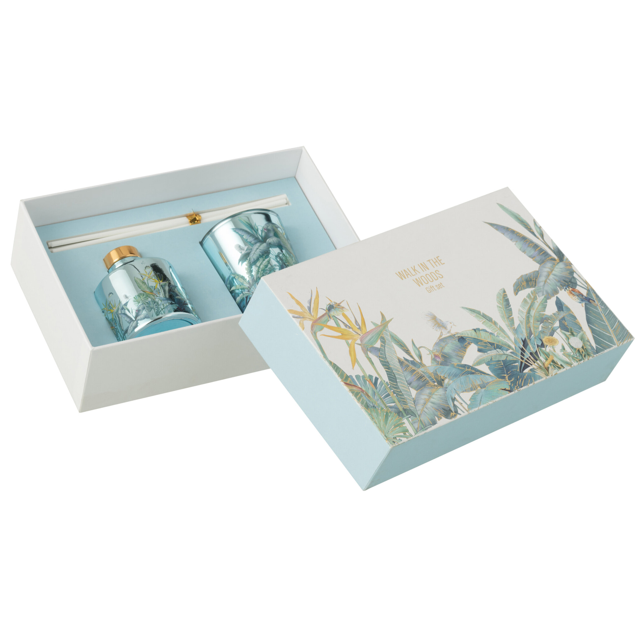 J-Line bougie parfumée + bâtonnets parfumés Walk In The Woods -  Woody Blush - bleu - set cadeau