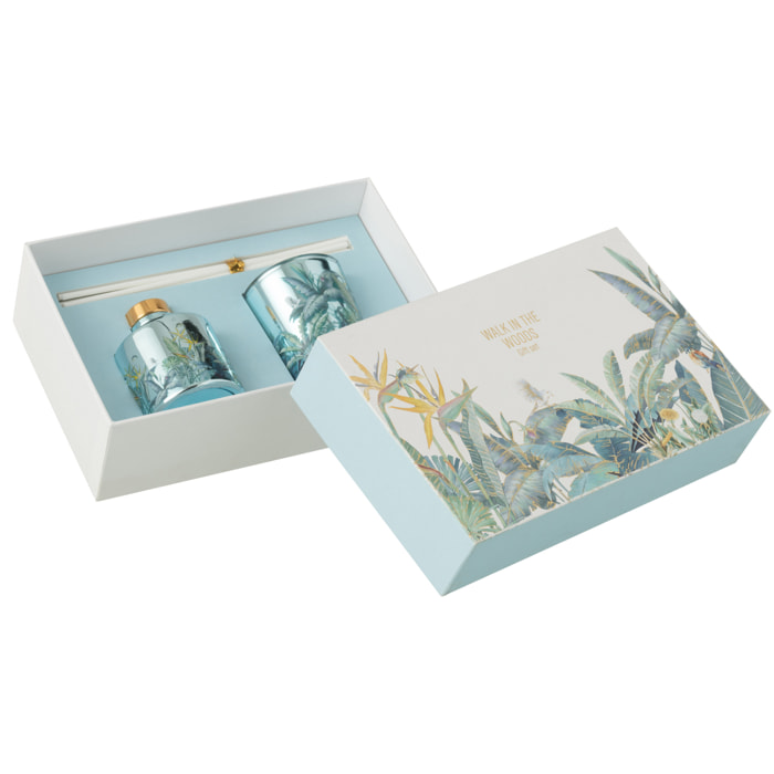 J-Line bougie parfumée + bâtonnets parfumés Walk In The Woods -  Woody Blush - bleu - set cadeau