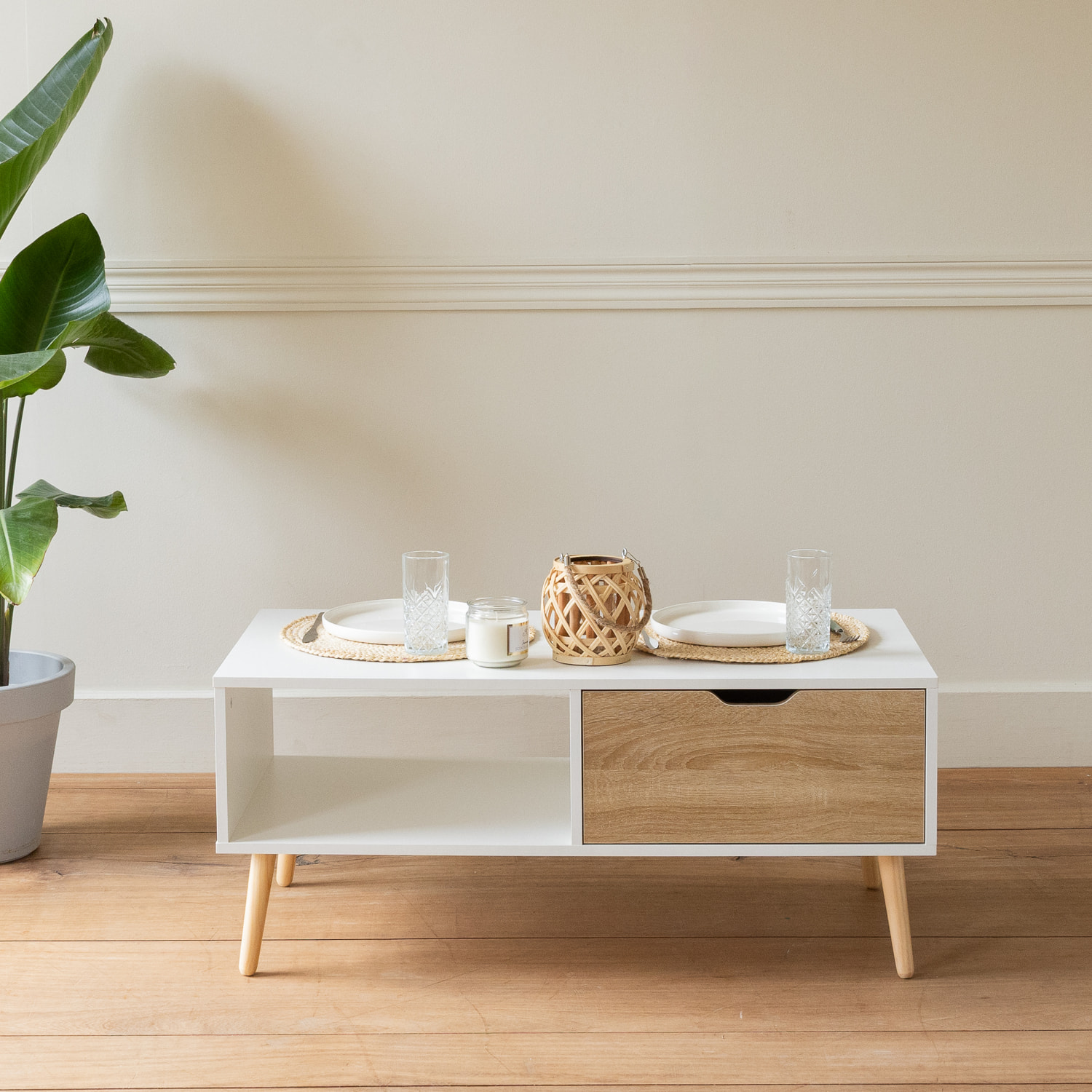 Table basse avec tiroir style scandinave blanche FREJA