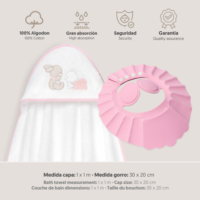 Capa Baño 1X1 Mod Oso Tumbado Conejito+Gorro Bco/Rosa