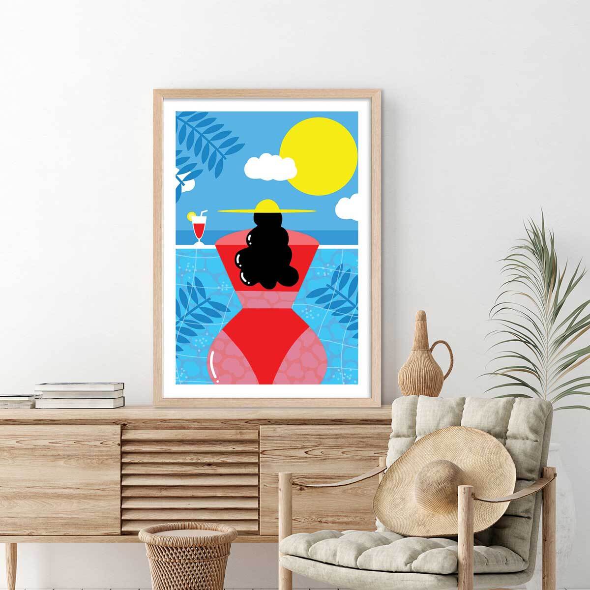Affiche femme au bord de la piscine Affiche + cadre en bois - Chêne