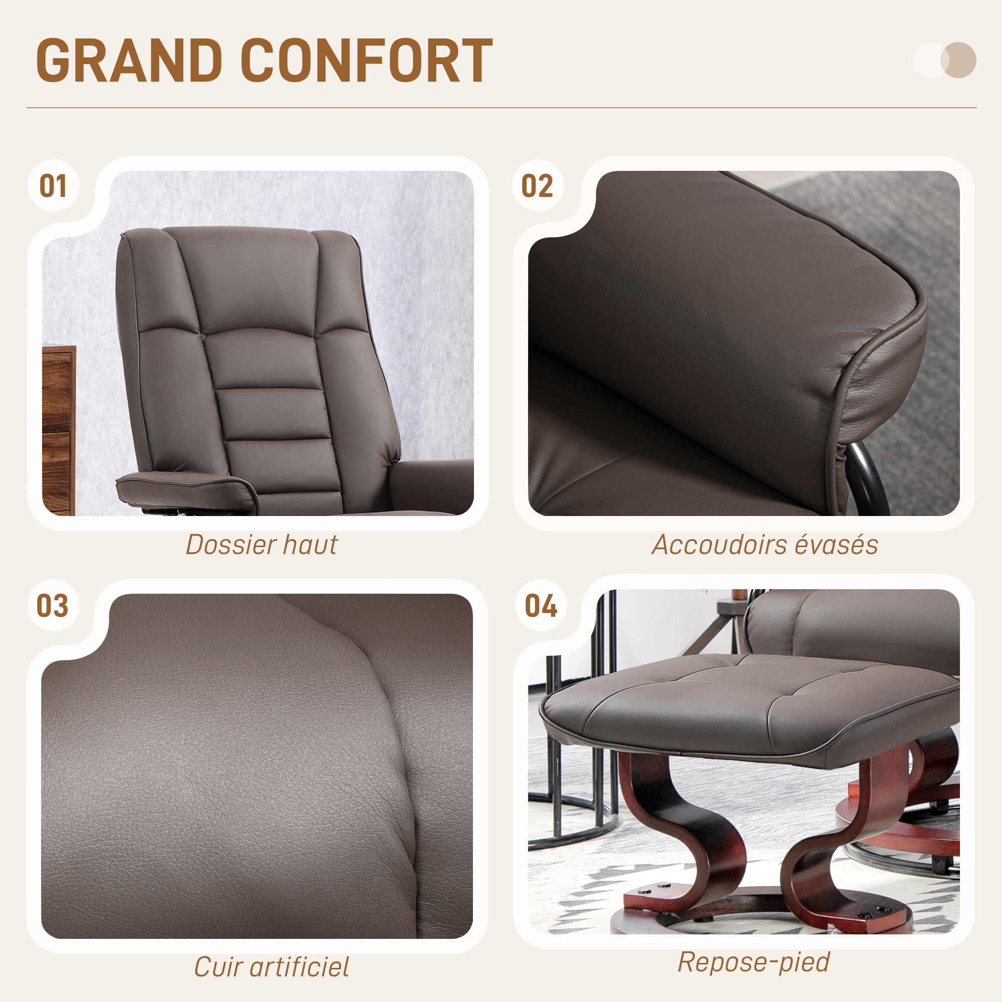 Fauteuil relax inclinable pivotant réglable avec repose-pied bois revêtement synthétique chocolat
