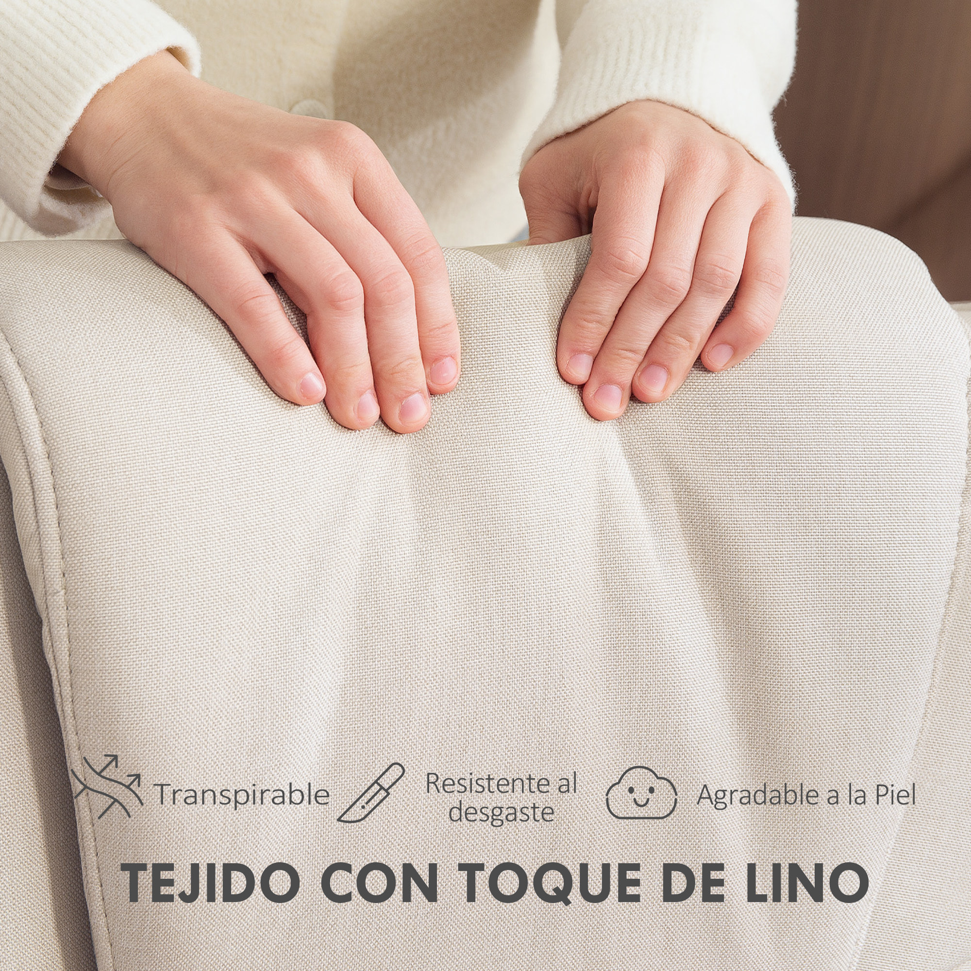 Sillón Relax Reclinable con Reposapiés Butaca de Salón Giratoria Tapizado en Lino con Base de Madera Función Basculante Butaca para Dormitorio Sala de Estar Beige