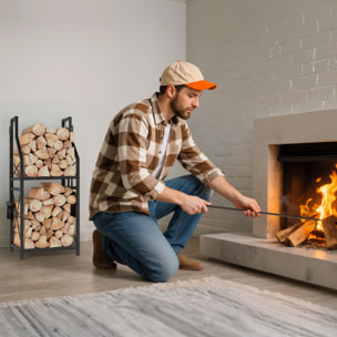 Estante de Leña Metálico de Chimenea, Soporte para Leña de 2 Niveles, Leñero Exterior con 4 Herramientas, Ganchos y Base Elevada, para Interior y Exterior, 34x30x80 cm, Negro