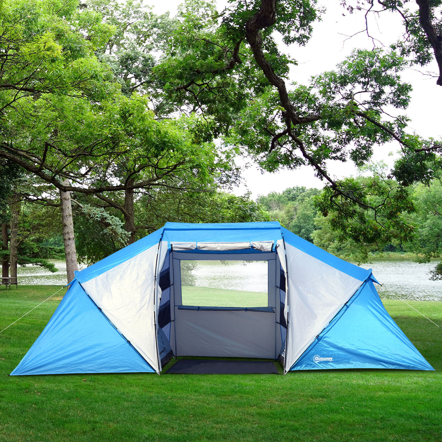 Tente de camping familiale 4-6 personnes 2 cabines fenêtre grande porte 4,3L x 2,4l x 1,7H m bleu blanc