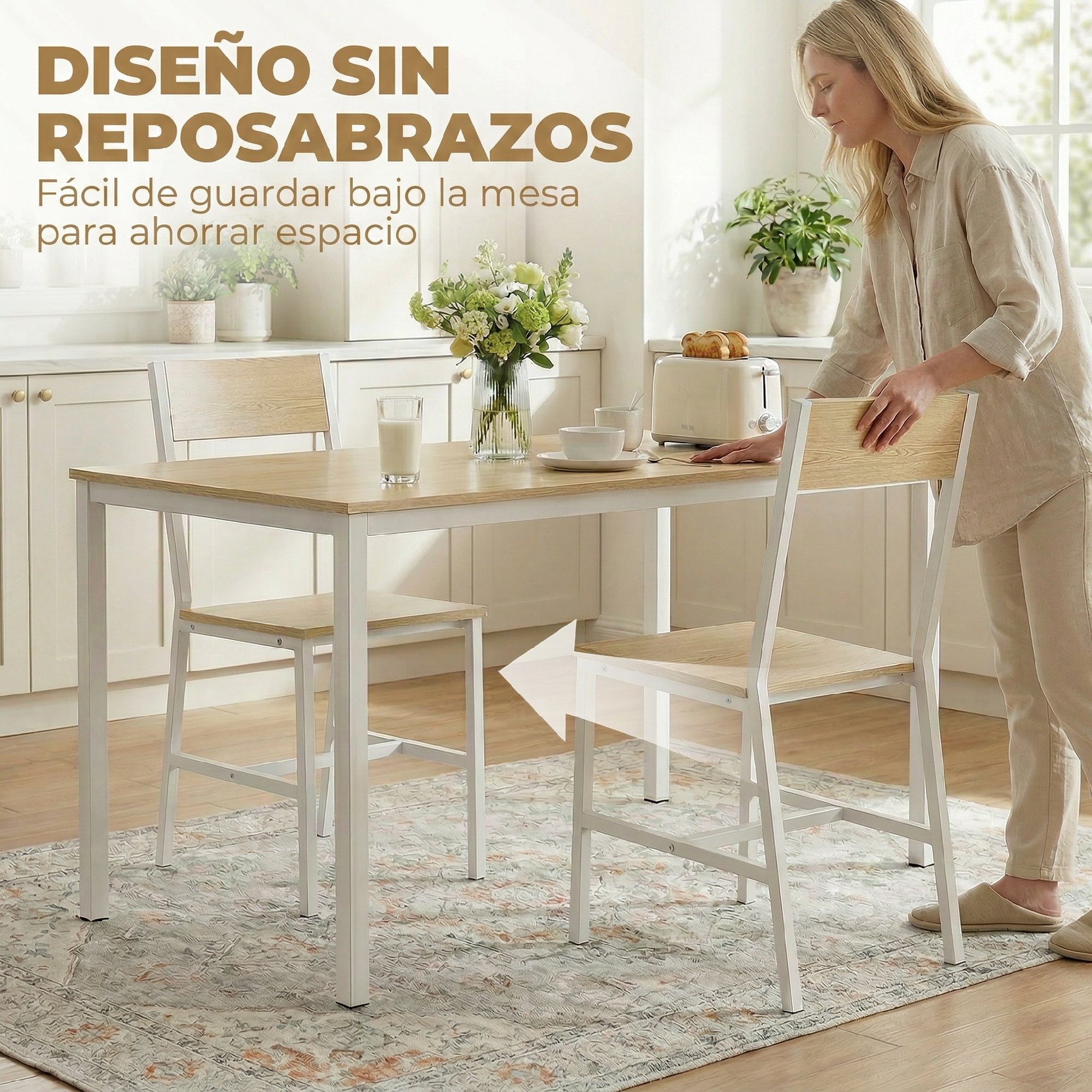 Pack de 2 Sillas de Comedor, Sillas de Cocina Modernas, con Respaldo Inclinado, Marco Metálico, para Salón, Sala de Estar, Natural