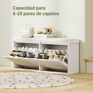 Banco Zapatero Mueble Zapatero Estrecho Banco Recibidor con Asiento Acolchado Cajón Abatible y Panel de Tablillas para 10 Pares de Zapatos para Entrada Dormitorio 104x26x47,5 cm Blanco