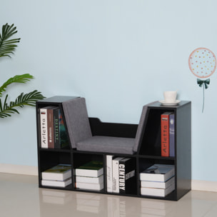 Bibliothèque banc 2 en 1 design contemporain 6 casiers 3 coussins fournis 102L x 30l x 61H cm noir gris