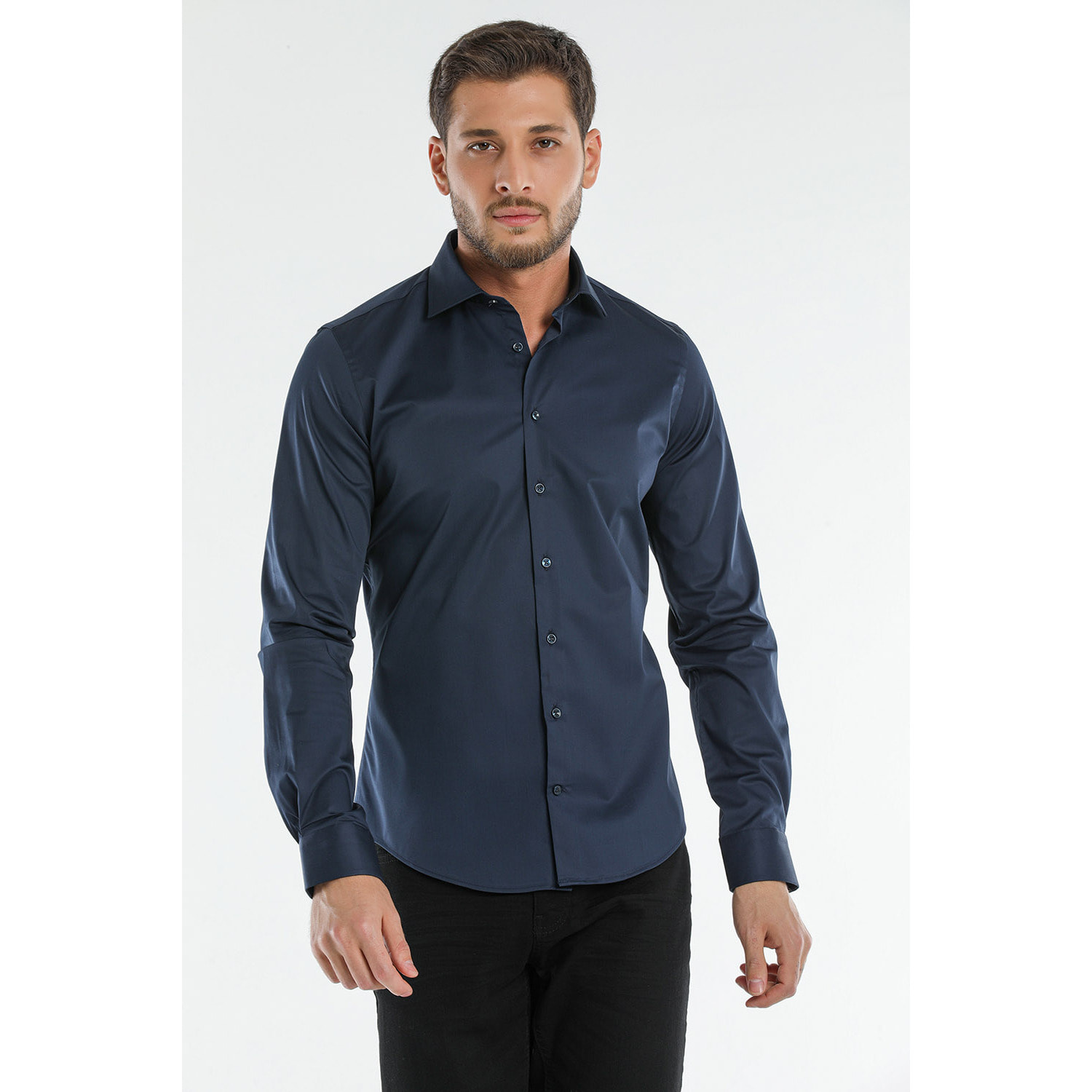Camicia Uomo 1 Bottone Francese Slim Satin Unito Blu