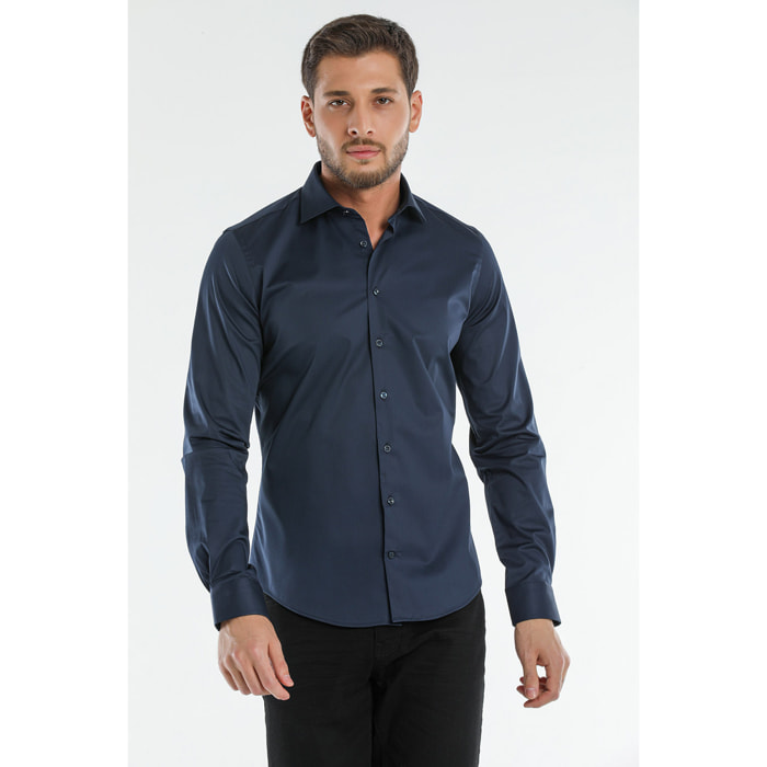 Camicia Uomo 1 Bottone Francese Slim Satin Unito Blu