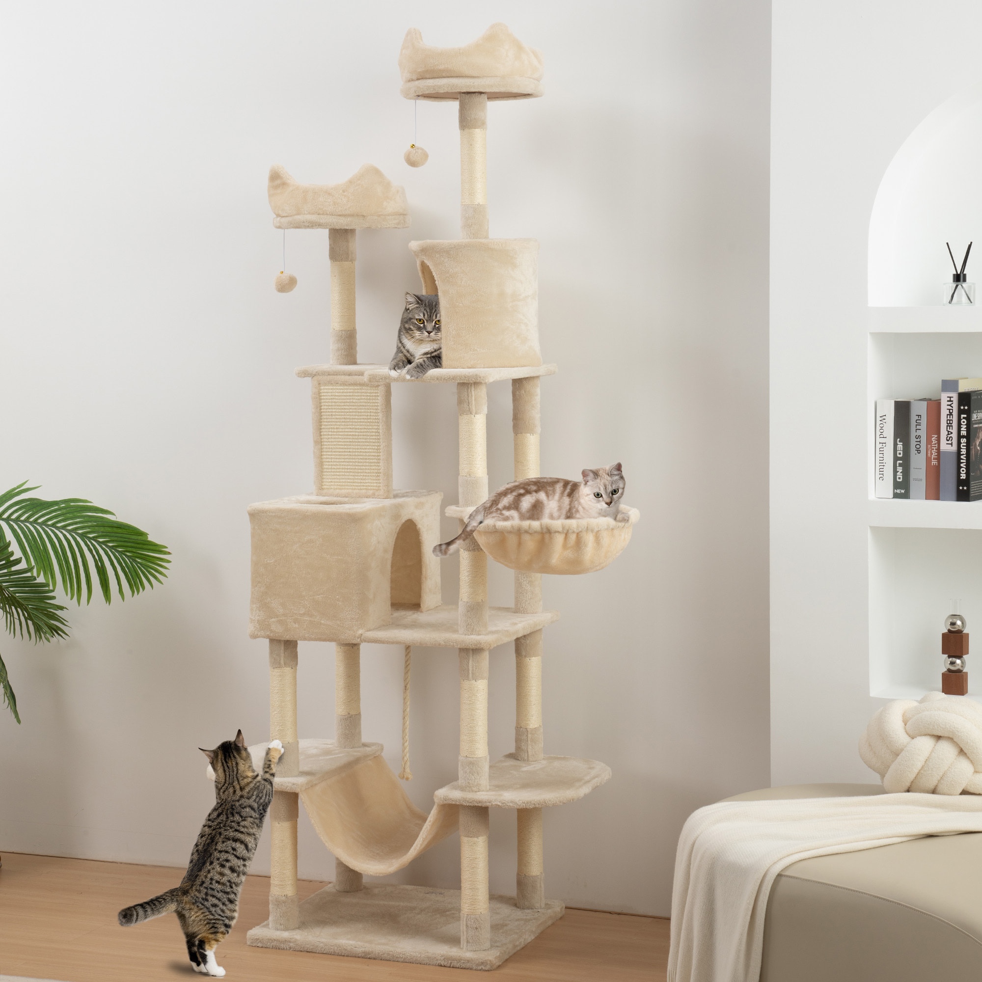 Árbol Rascador para Gatos Grande Altura 206 cm Árbol para Gatos Torre para Gatos con Plataformas Cuevas Bolas Colgantes y Hamacas Beige