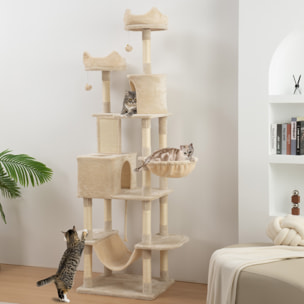 Árbol Rascador para Gatos Grande Altura 206 cm Árbol para Gatos Torre para Gatos con Plataformas Cuevas Bolas Colgantes y Hamacas Beige