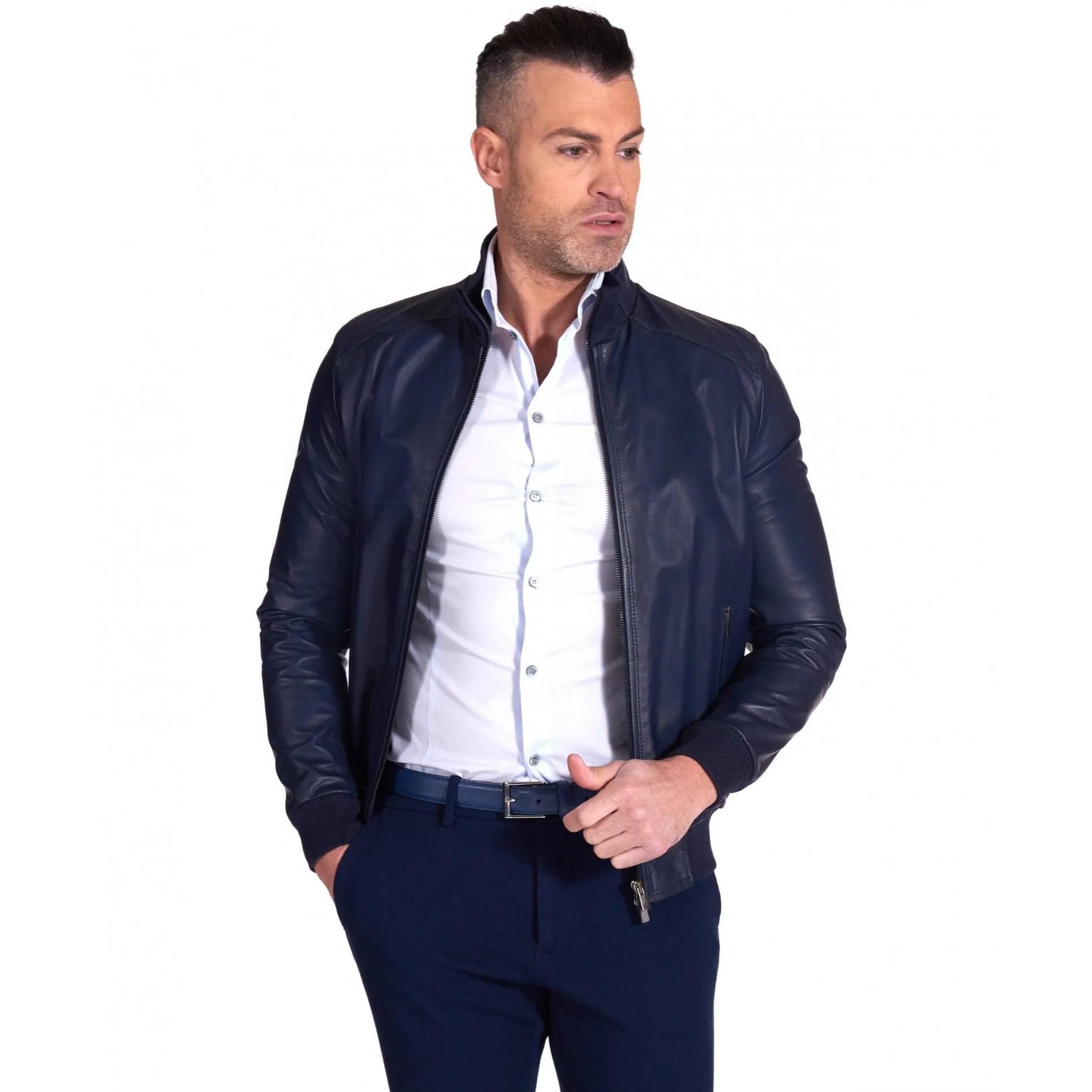 Giacca Bomber in pelle blu nappa effetto liscio