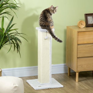Griffoir tour pour chat H.81 cm - poteau à griffer avec jeu balle suspendue - peluche blanc sisal naturel