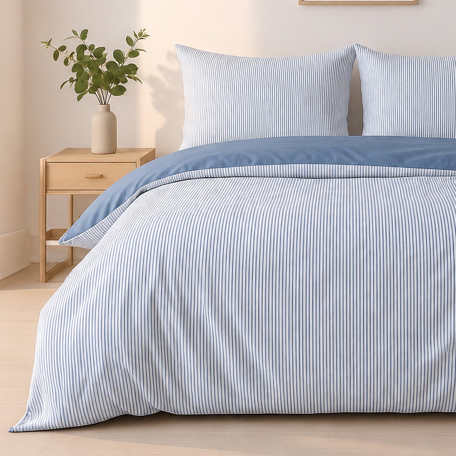 Parure housse de couette mini seersucker rayures demin bleu, MILLERAY