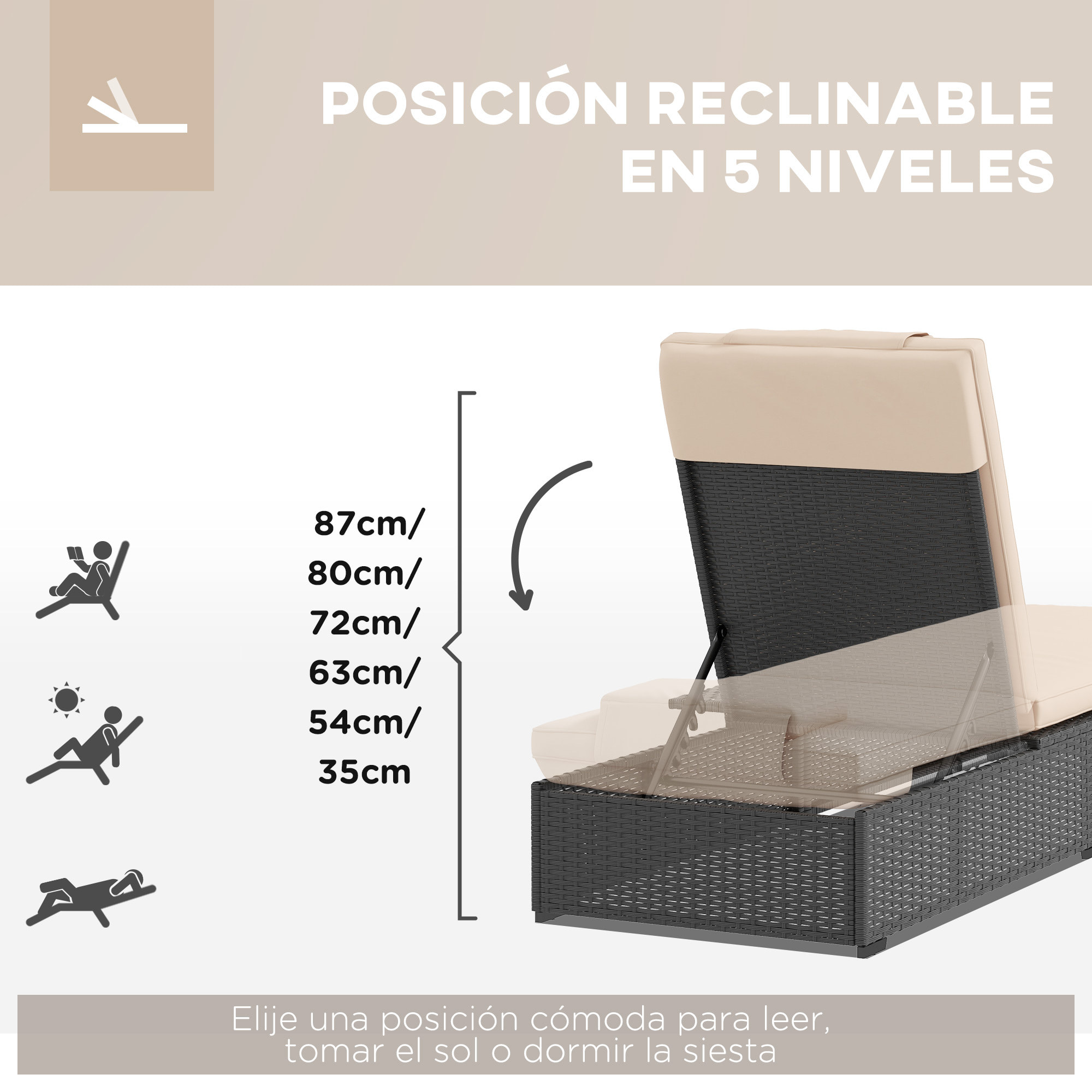 Tumbona de Ratán Reclinable Tumbona para Jardín con Respaldo Ajustable en 5 Niveles Mesita y Cojín Carga 120 kg para Patio Terraza Negro y Beige