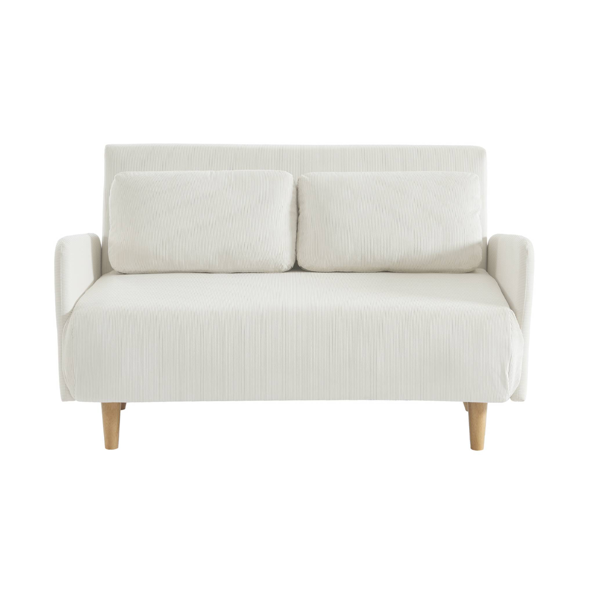 Canapé convertible 2 places scandinave velours côtelé blanc - Panam - pieds bois. banquette. dossier inclinable