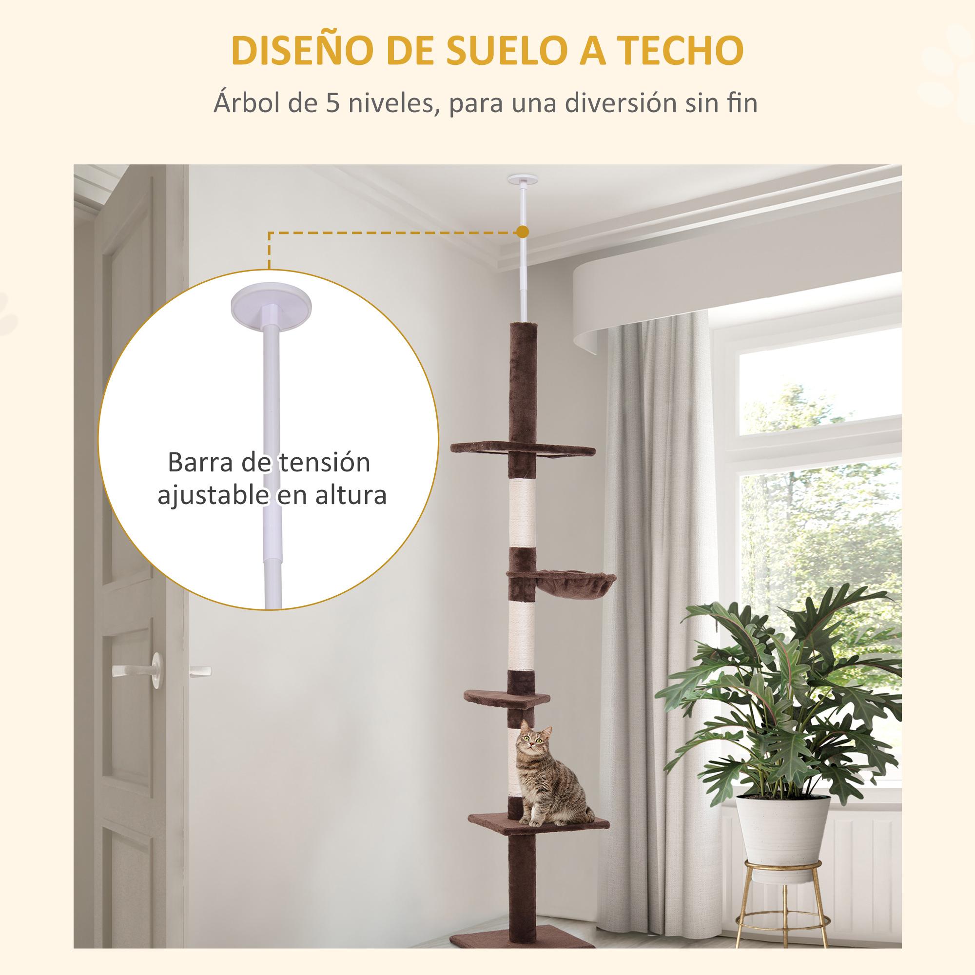 Árbol Rascador para Gatos Altura Ajustable 230-260 cm Hamaca Postes Sisal Marrón