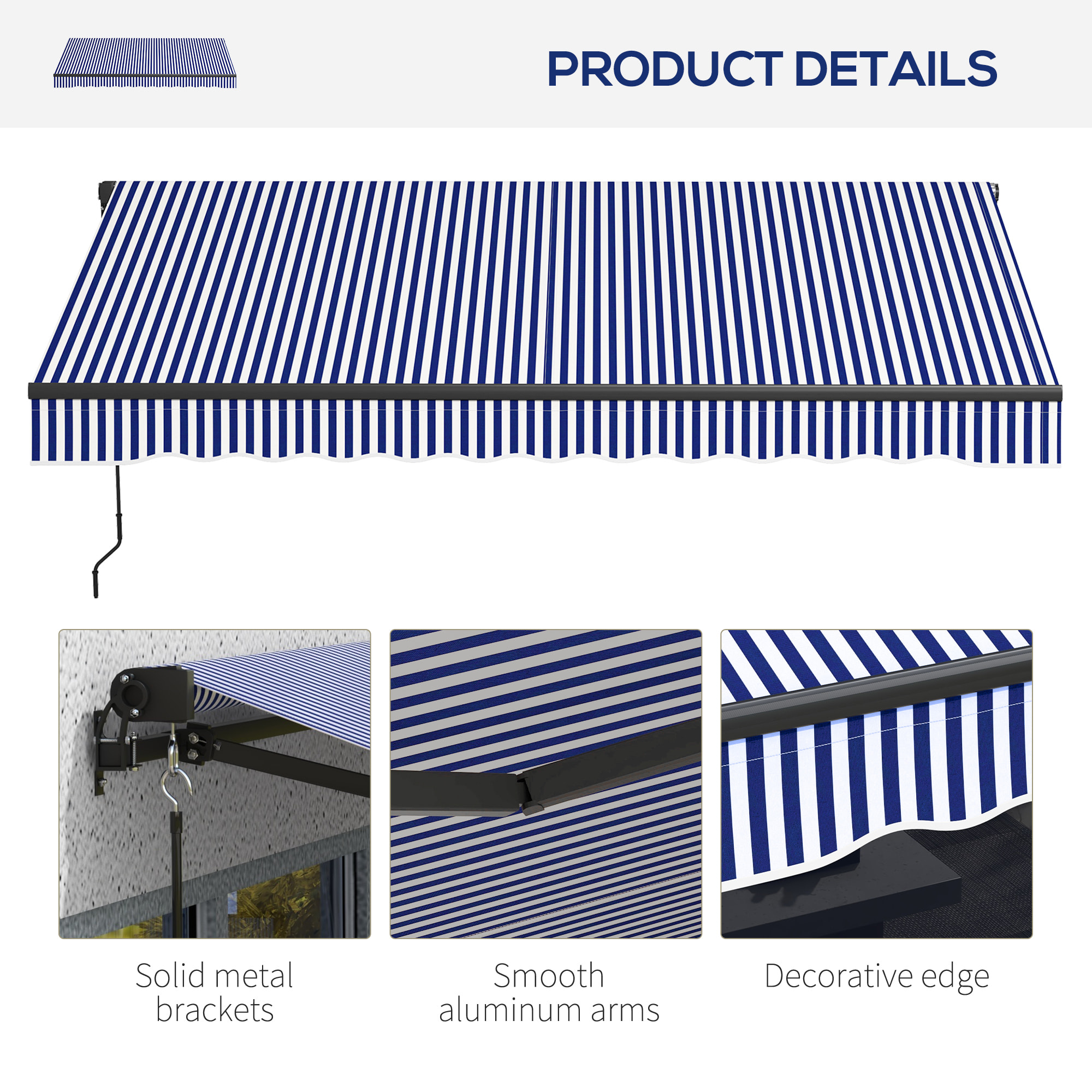Store banne manuel rétractable inclinaison réglable manivelle alu polyester anti-UV bleu blanc